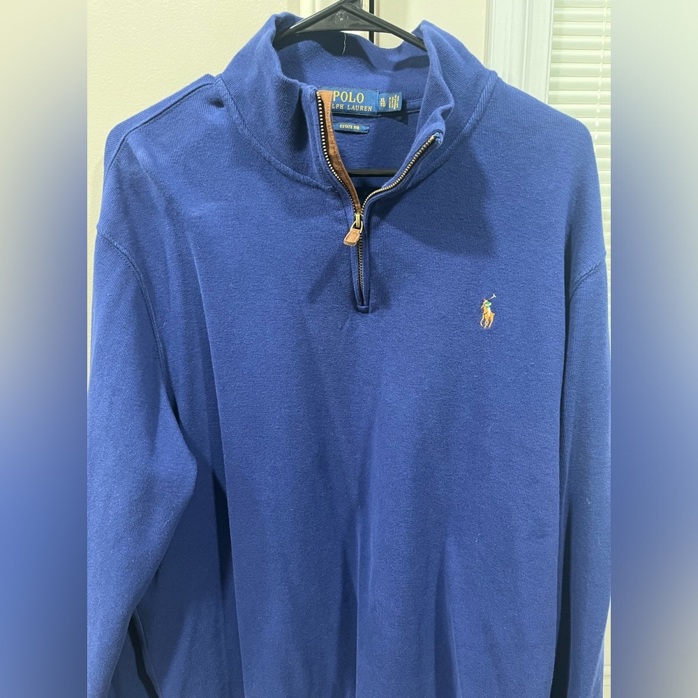 Great condition. Ralph Lauren (Royal Blue) half-zip sweater. Brown leather trim.